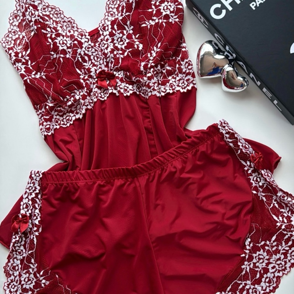 Lace-Trim Satin Camisole & Shorts Pajama Set - Red